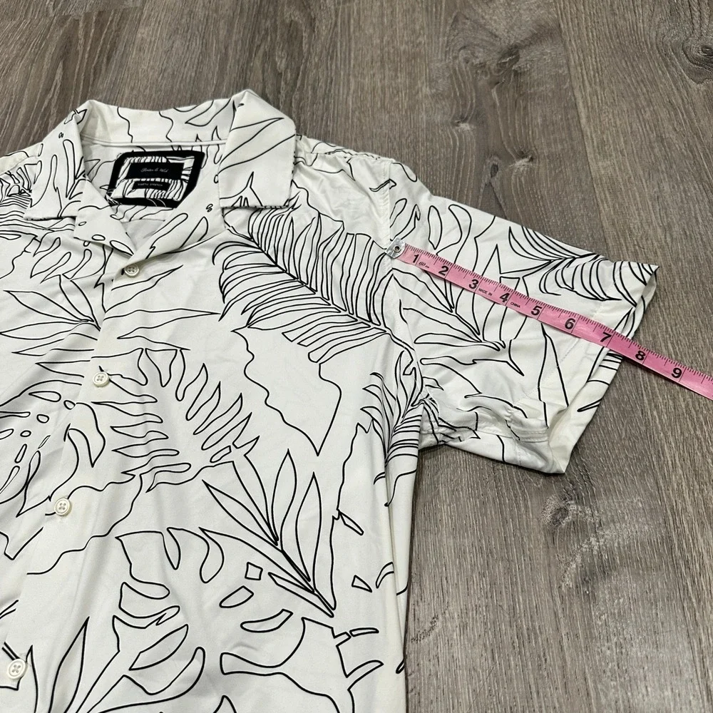 Porter & Ash Kinetic Stretch Mens‎ Large White Black Tropical Leaf Button Down